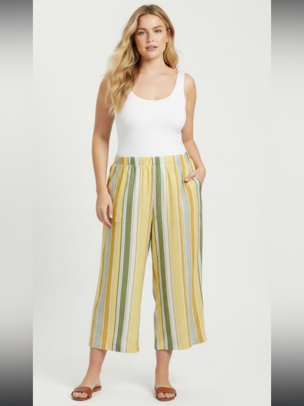 Croft & Barrow Linen Blend Striped Wide Leg Crop Pull On Pants Womens 24W